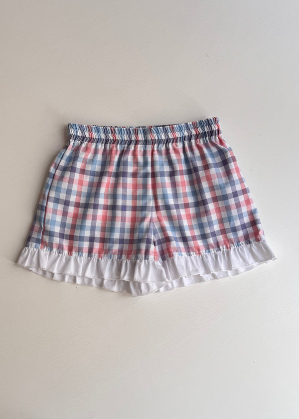 Pantaloni carouri roz si blue cu volane